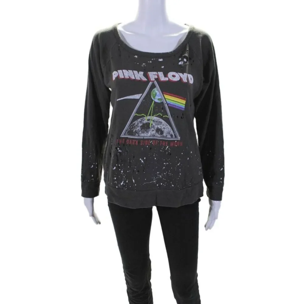 Chaser Womens Long Sleeve Distressed Graphic Sweater Gray Size Medium
